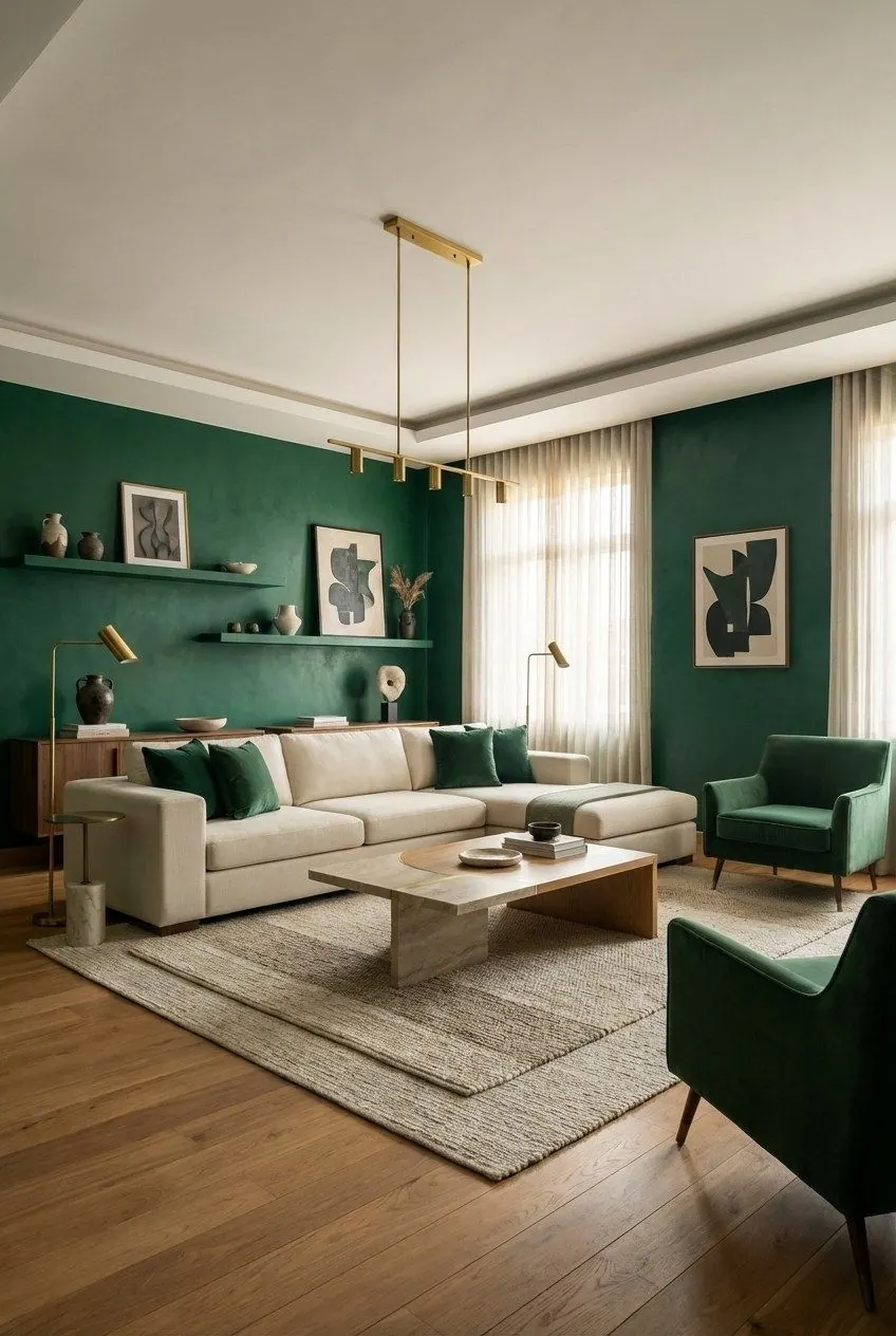 AI room visualisation: a living room in Old Money Green