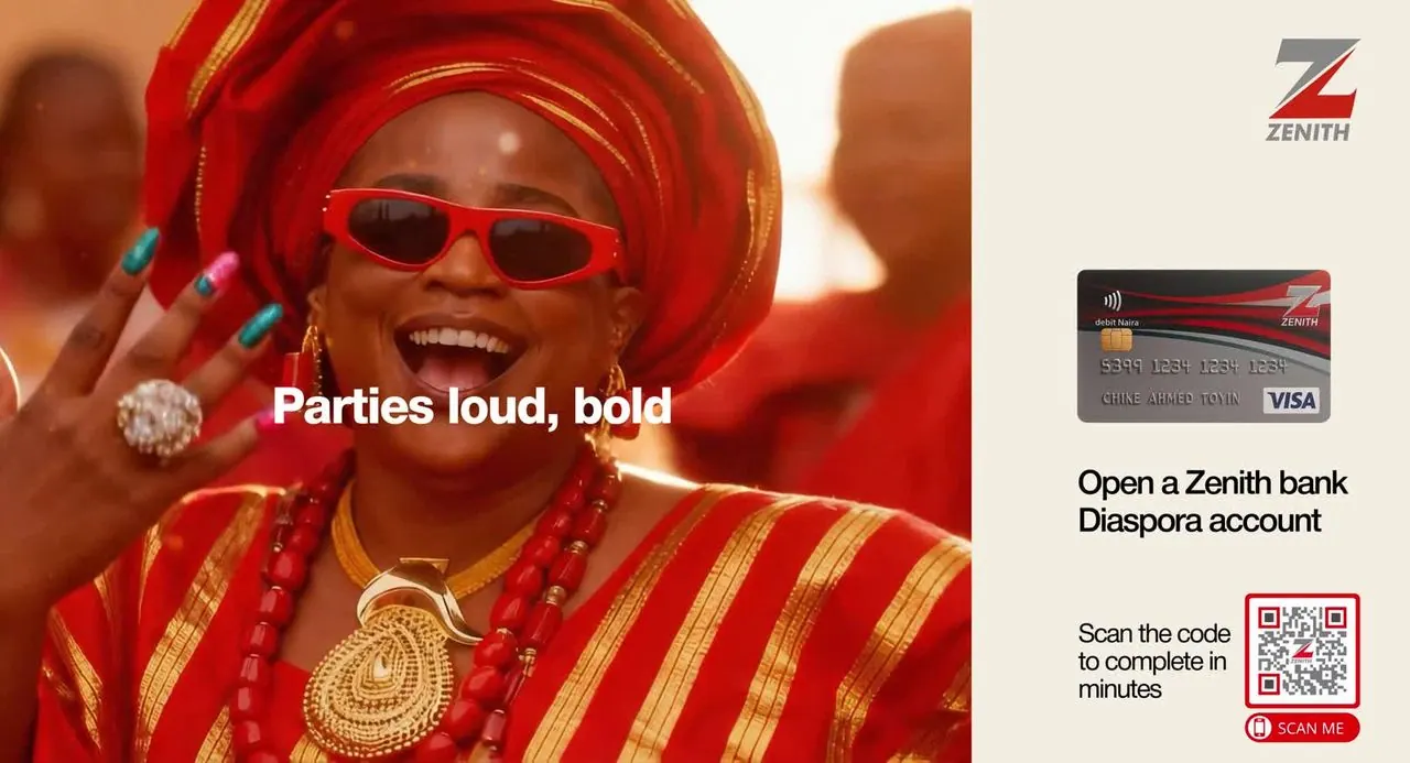 Street screen creative: Parties loud, bold, with a Zenith diaspora account QR code